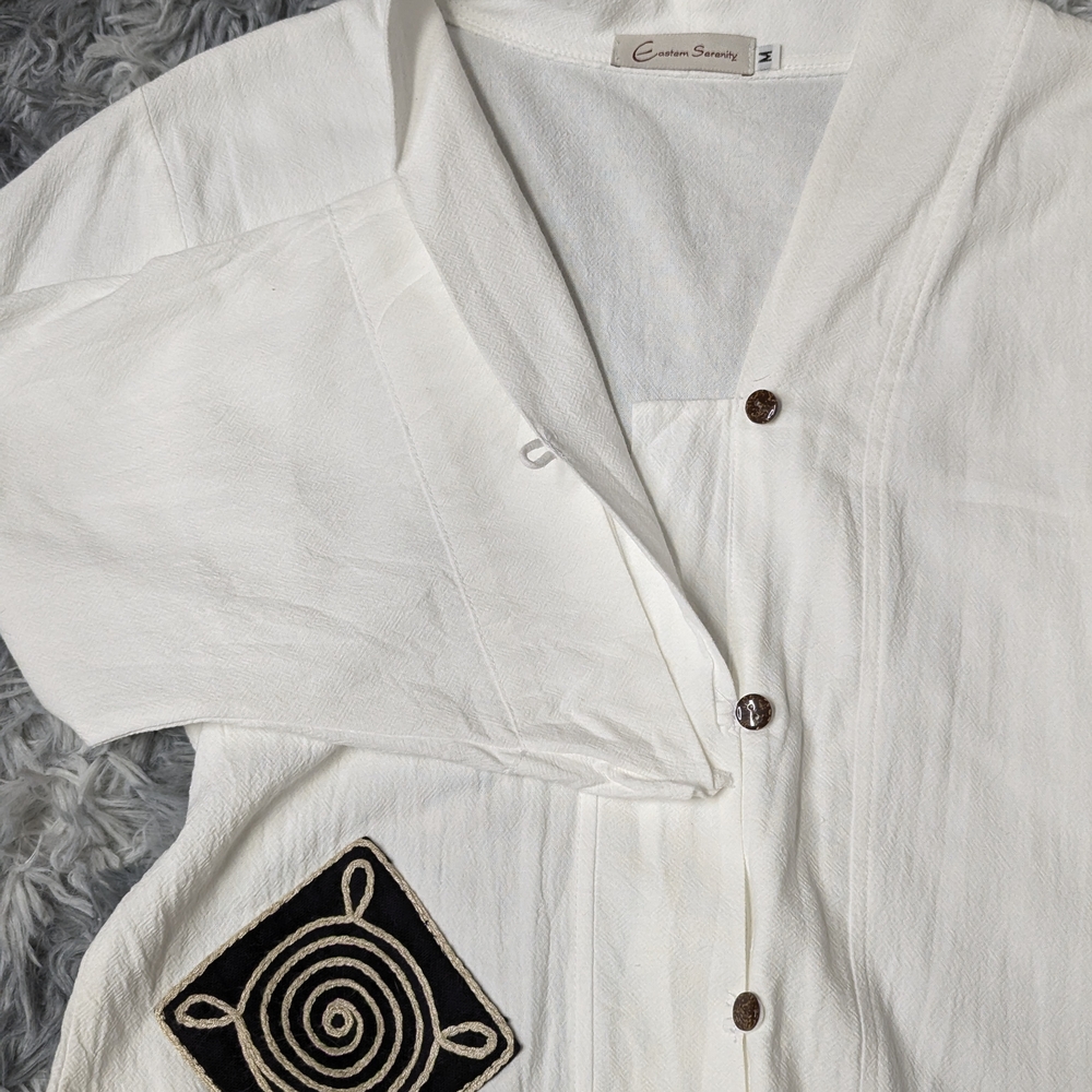 Eastern Serenity Sz M 100% Cotton Mandarin Collar V-neck Broad Cuff Asymmetrical - Picture 6 of 10